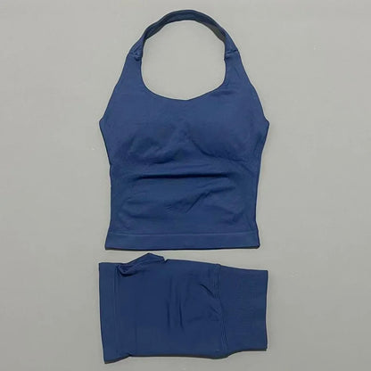 Women Seamless Gym Set 2Pcs Halter Neck Sports Crop Top High Waist Scrunch Butt Shorts Workout Fitness Yoga Tracksuit Sportswear