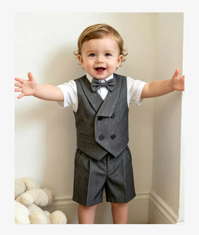 Kids Boys Formal Suit Set Denim Gray Vest Shorts Bowtie 3PCS Wedding Birthday Party Gentleman Outfit for Toddler 1-8Yrs Clothes