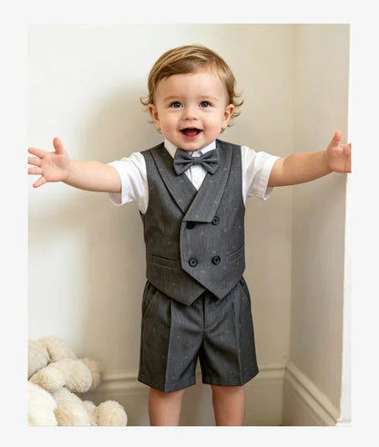 Kids Boys Formal Suit Set Denim Gray Vest Shorts Bowtie 3PCS Wedding Birthday Party Gentleman Outfit for Toddler 1-8Yrs Clothes