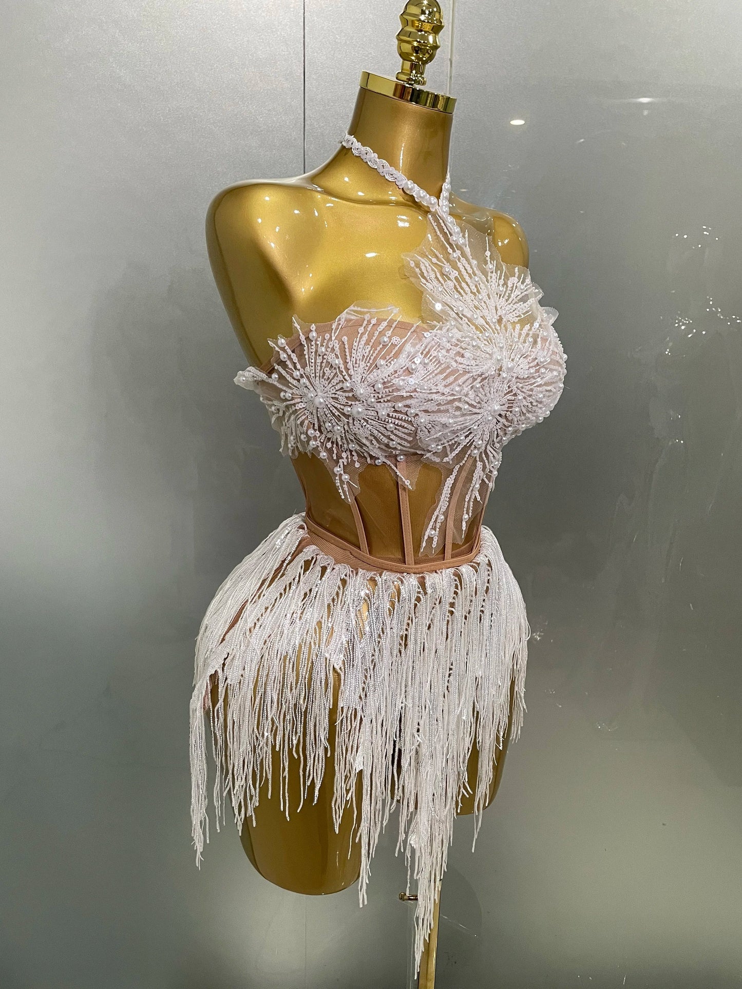 Pearl Sequins Tassel Sleeveless Glitter Mini Dress Women Singer Bar Nightclub Stage Performance Clothing Show Outfit