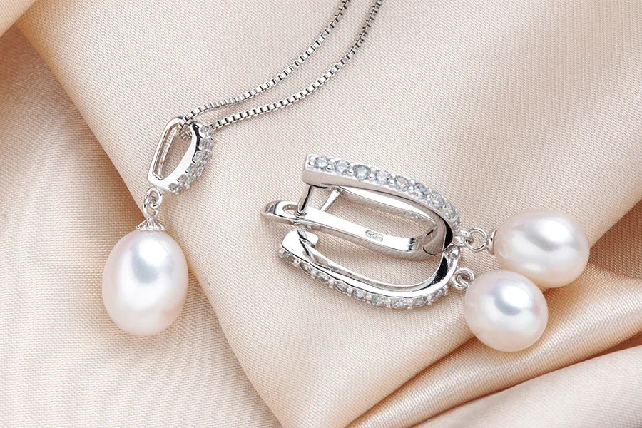 Horseshoe 8-9mm Rice Freshwater Pearl Earrings&Necklaces Jewelry Set for Women 925 Sterling Silver 45cm Pendant Necklace