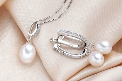 Horseshoe 8-9mm Rice Freshwater Pearl Earrings&Necklaces Jewelry Set for Women 925 Sterling Silver 45cm Pendant Necklace