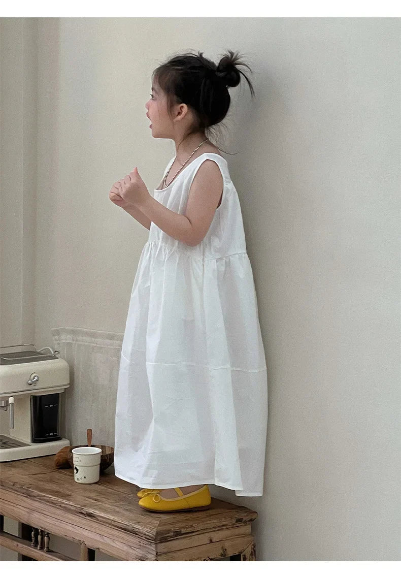 Summer White Vest Dress for Kids Girls Simple Loose Sleeveless Childrens Long Dress Cotton 2-8Y Girl Clothing Casual wear