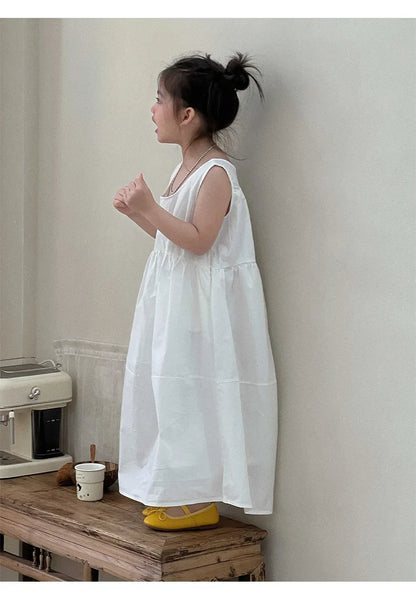 Summer White Vest Dress for Kids Girls Simple Loose Sleeveless Childrens Long Dress Cotton 2-8Y Girl Clothing Casual wear