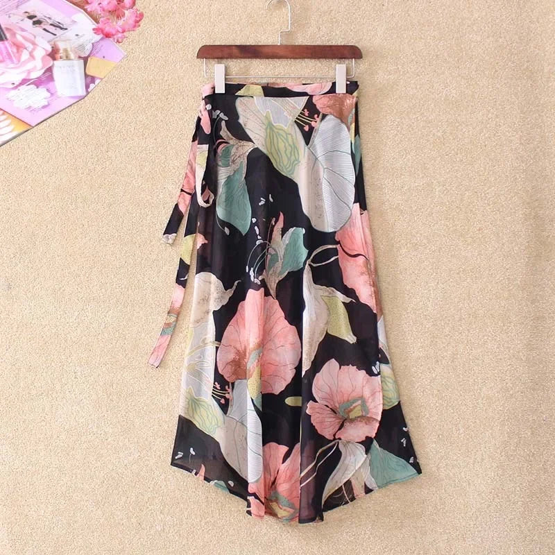 Summer Beach Floral Skirt for Women Cotton High Waist Wrap Maxi Skirt Long with Side Slit & Tie Detail Boho Style Design