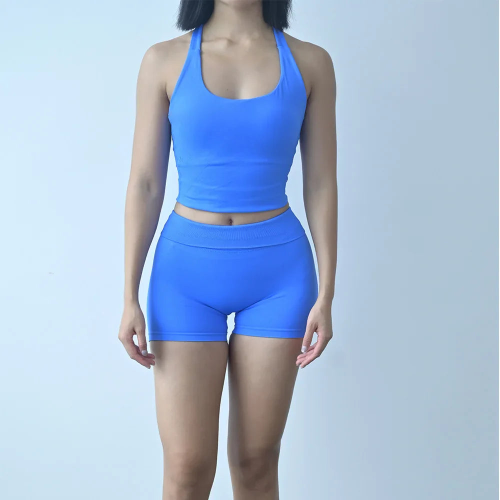 Sexy Halter Neck Beautiful Back High Waist Peach Sports Bras Shorts Suit Pilates Gathering Yoga Vest Training Fitness Bra Sets