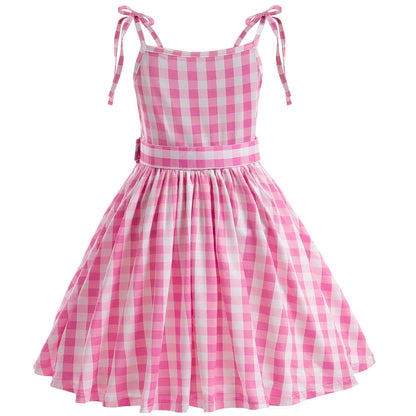 Girls Cute Dress Plaid Pink Vintage Dresses Casual Slim Dress Evening Party Summer Clothes for Girls Vestidos 3 4 5 6 Years