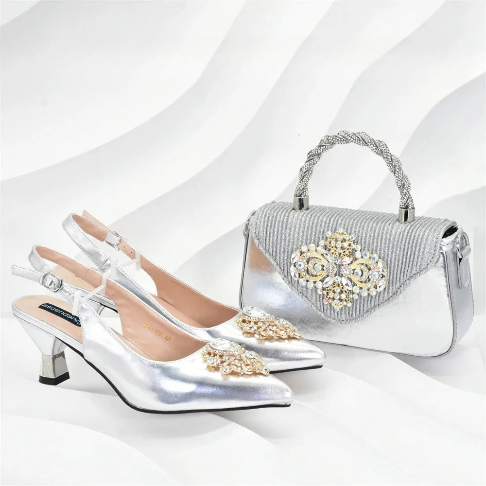 New Fashion Women Shoes and Bags To Match Set Nigeria Party Nigeria Italian Shoes and Matching Bags Decorated with Rhinestone