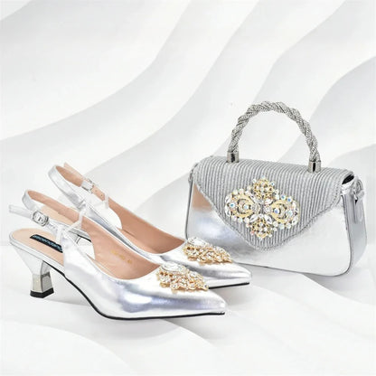 New Fashion Women Shoes and Bags To Match Set Nigeria Party Nigeria Italian Shoes and Matching Bags Decorated with Rhinestone