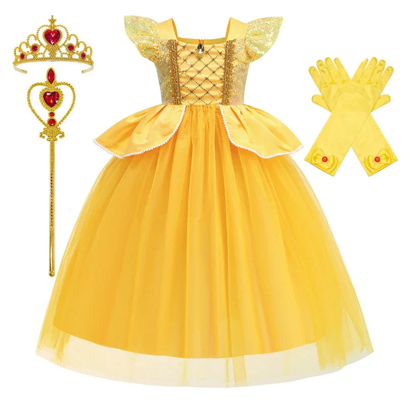 Vestidos de Princesa Disney para Meninas Fantasia de Festa da Bela Roupa de Flores para Crianças de Halloween Aniversário Fantasia da Bela e a Fera