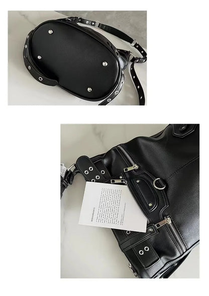 High Street Vintage Handbag Women New Rivet Large Capacity Casual Crossbody Bags Ladies Moto Biker Black Messenger Bag
