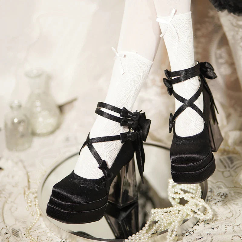 Original Lolita Red High Heels Women's Sweet Elegant Bow Velvet Mary Jane Shoes Ladies Birthday Party Cos Platform Shoes Spring