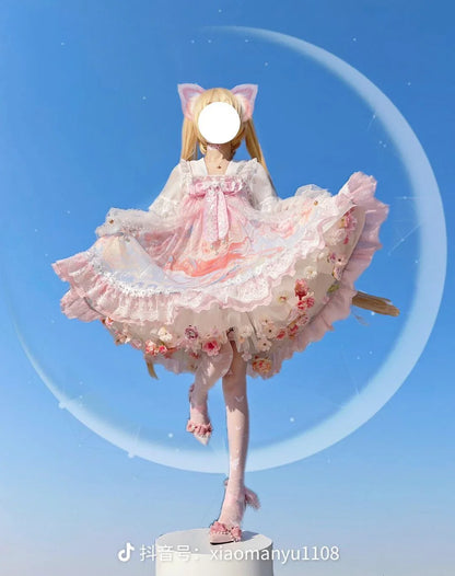 Flowers Crinoline Sweet Fairy Lolita 2024 Spring and Summer Bubble Skirt Gorgeous French Elegant Girl Women's Organza Midi Skirt