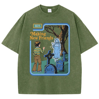 Social Skills Making New Friends Washed Retro Male Women T-Shirts Hip Hop Breathable Tops Casual T Shirt Oversized Cotton T-Shir