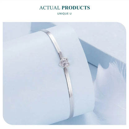925 Sterling Silver Punk Herringbone Snake Chain Bracelet Heart Blade Chain Link Platinum Plated for Women Fine Jewelry
