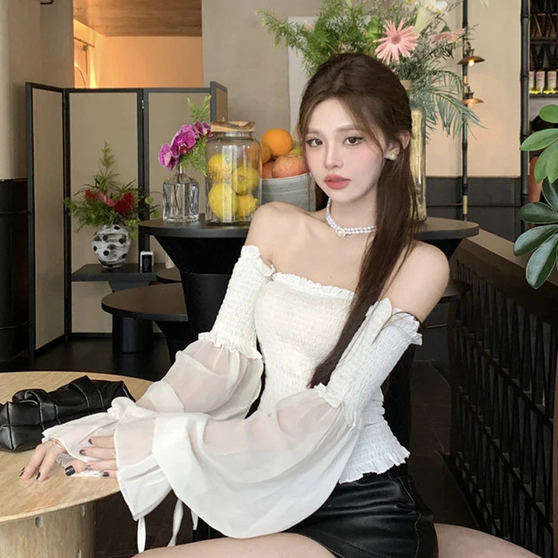 Solid Color Slim Fit Off Shoulder Sexy Women's Chiffon Shirt Sweet Flare Long Sleeved Chic Fashion New Lady Short Tops 8066