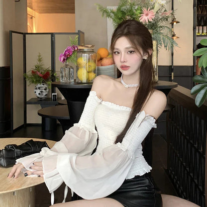 Solid Color Slim Fit Off Shoulder Sexy Women's Chiffon Shirt Sweet Flare Long Sleeved Chic Fashion New Lady Short Tops 8066