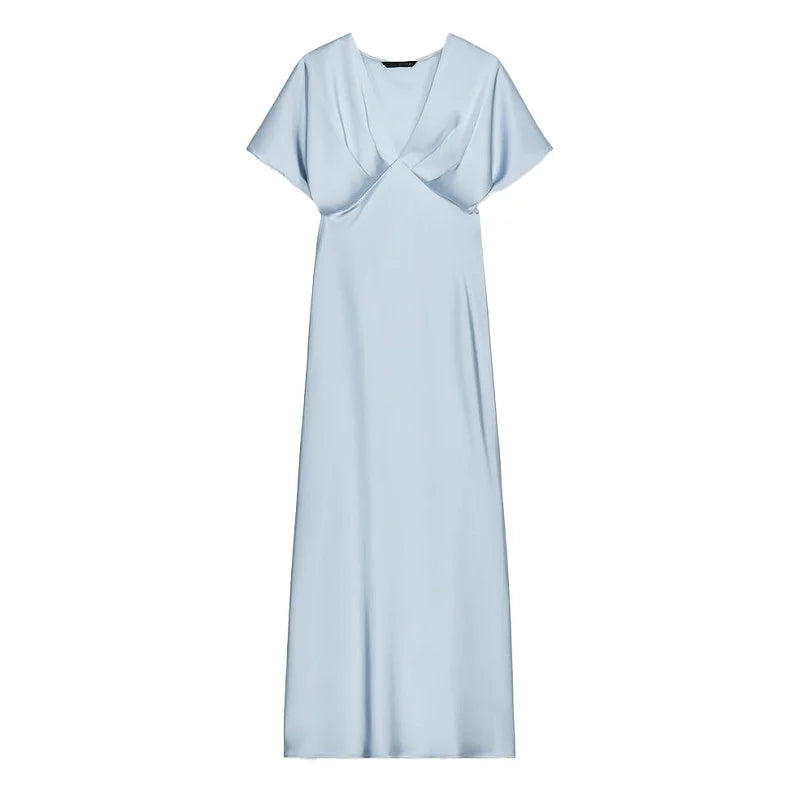 Satin Long Dress Woman Black Draped Midi Dresses for Women Elegant Party Women Dresses Short Sleeve Chic Female Dress