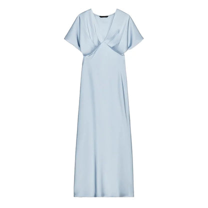 Satin Long Dress Woman Black Draped Midi Dresses for Women Elegant Party Women Dresses Short Sleeve Chic Female Dress