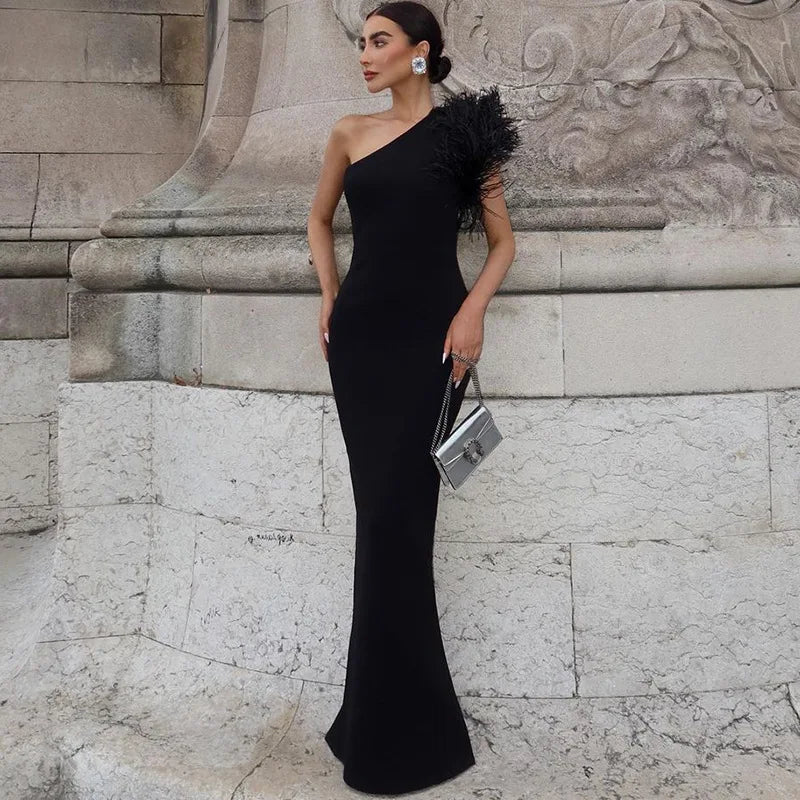Black Sleeveless One Shoulder Maxi Dress For Women Bodycon Sexy Party Elegant Long Dress Birthday Evening Outfit