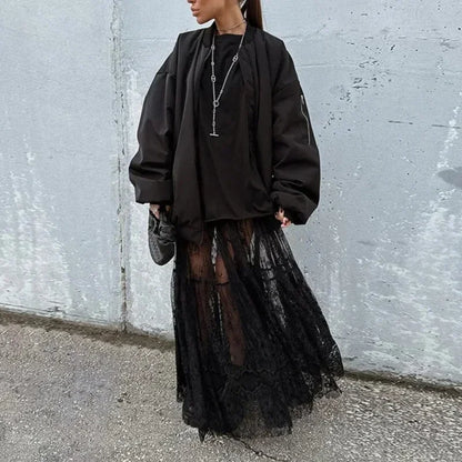 Y2K Korean Style Fashion Floor-Length Long Skirt Summer A-Line Mesh See Through polka Dot Skirt Women High Waist Lace Maxi Skirt