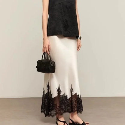 Fairy Elegant Lace Trim Satin Skirt Women High Waist Wrapped Hip Slim Midi Lace Hem Skirt Office Summer Daily Chic Lady Clothes