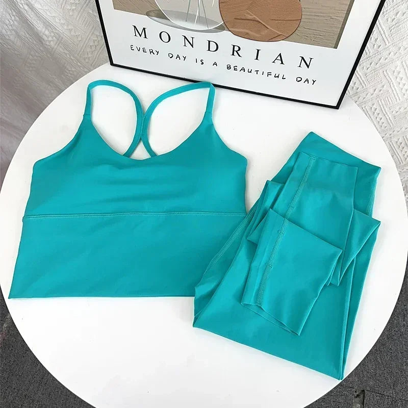2 Piece Yoga Set Sportswear Fitness Suits Sexy Cross back Yoga Tops Elasticity High Waist Leggings Running Sports Clothing