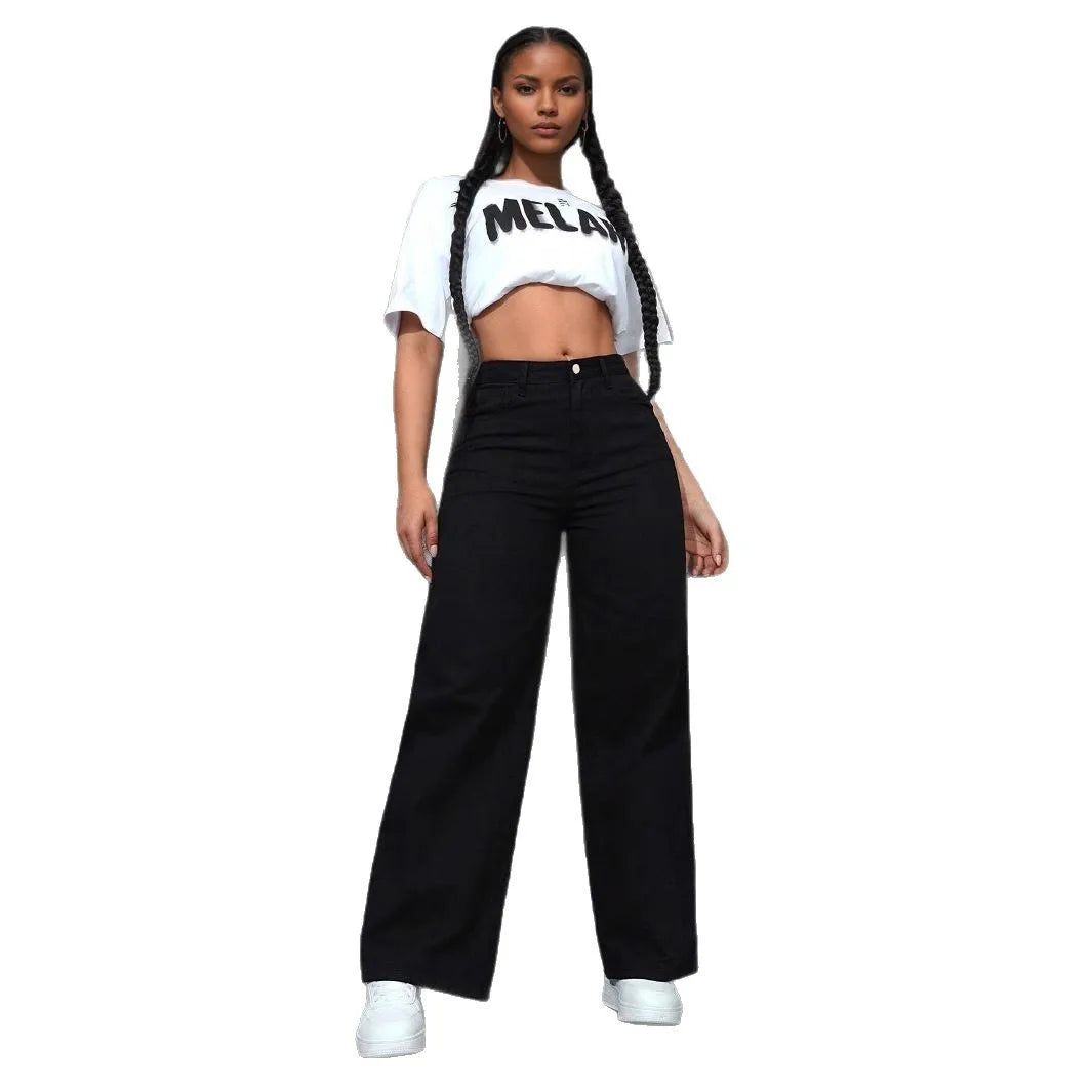 Women Streetwear Jeans Washed Distressed High Waist Straight Trousers