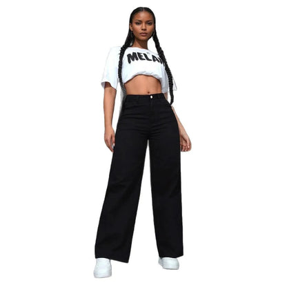 Women Streetwear Jeans Washed Distressed High Waist Straight Trousers