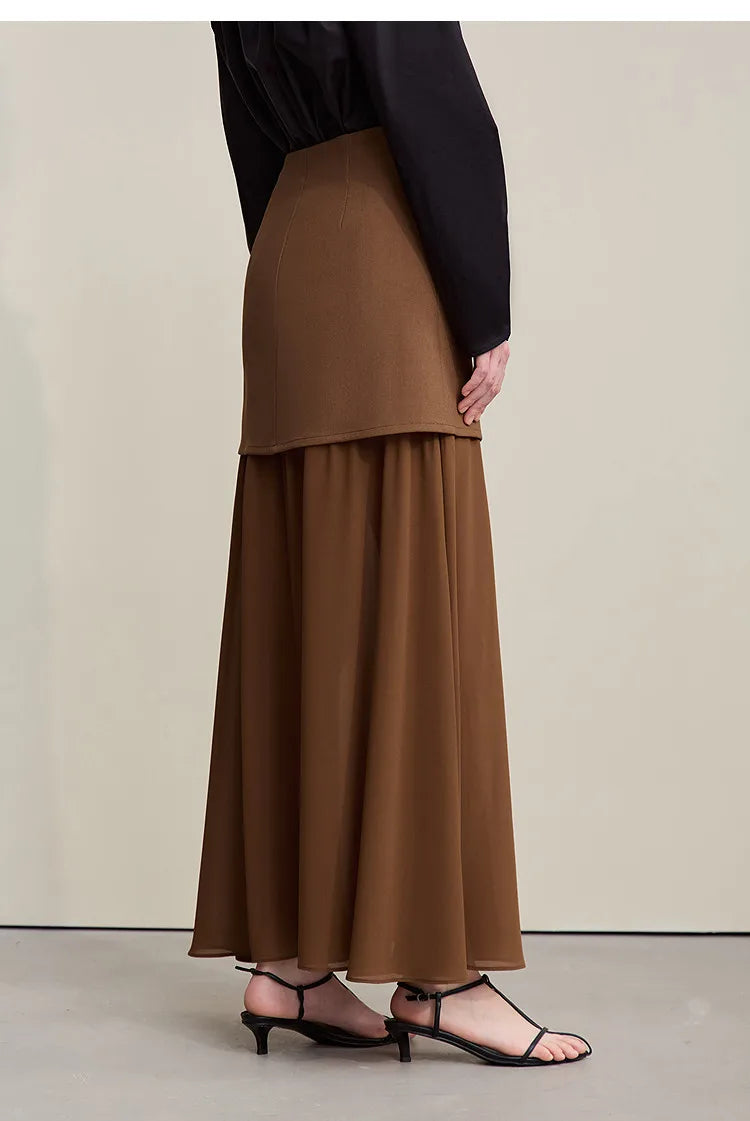 Women's Skirt 2026 Spring New Elegant Patchwork Chiffon Long Skirt Solid Color Straight Versatile Woman Clothes 12641047