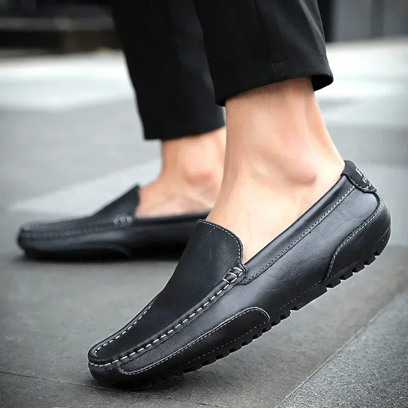 Genuine Leather Men Casual Shoes Luxury Brand Breathable Slip on Black Driving Shoes Soft Men Loafers Moccasins Plus Size 37-47