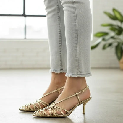 Luxury Gold Brand Heels Women Fashion Narrow Strap Hollow Thin High Heel Summer Sandals Sexy Pointed Toe Slingbacks Dress Shoes