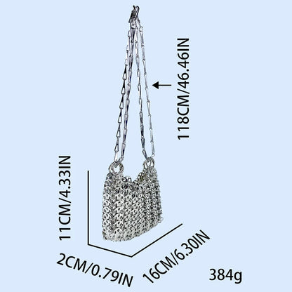 Silver Shiny Bag Handmade Woven Beaded Sequin Bag Mobile Phone Bag Long Shoulder Strap Single Shoulder Crossbody Bag for Women