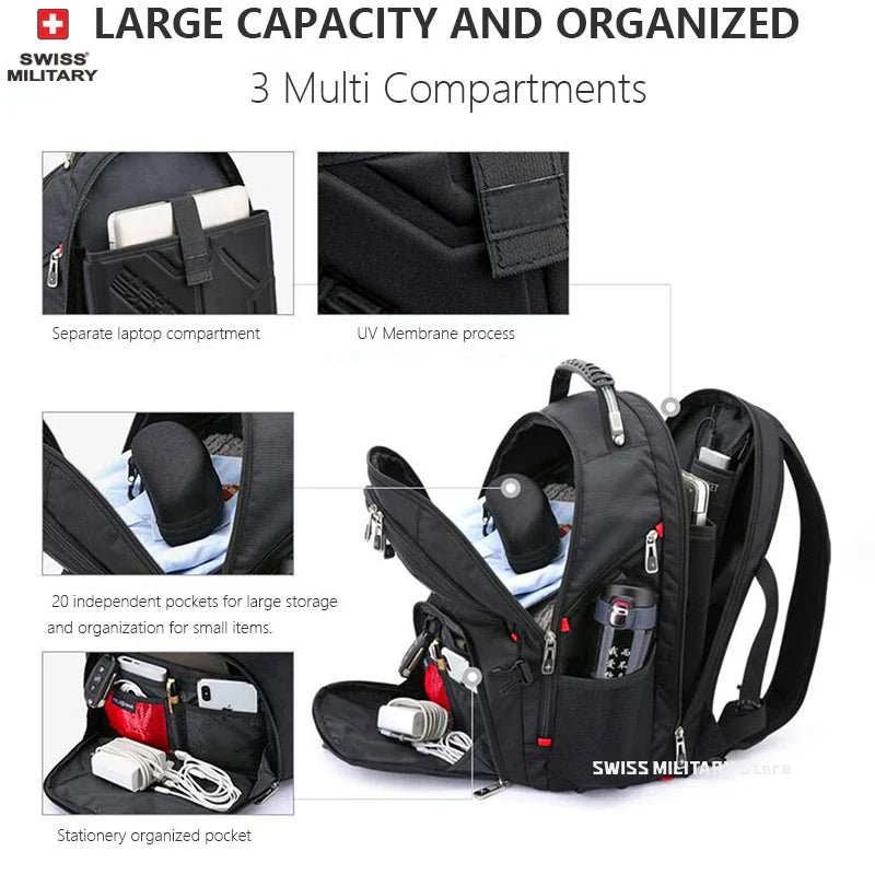 Laptop Backpack Waterproof USB Charge Port Swiss-style Multifunctional Rucksack Schoolbag Mochila Hiking Travel bag