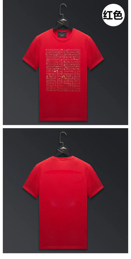 Casual Short Sleeve T Shirts Men Summer Clothes Chinese Characters Rhinestones Fashion Streetwear O Neck Cool Cotton T-shirts