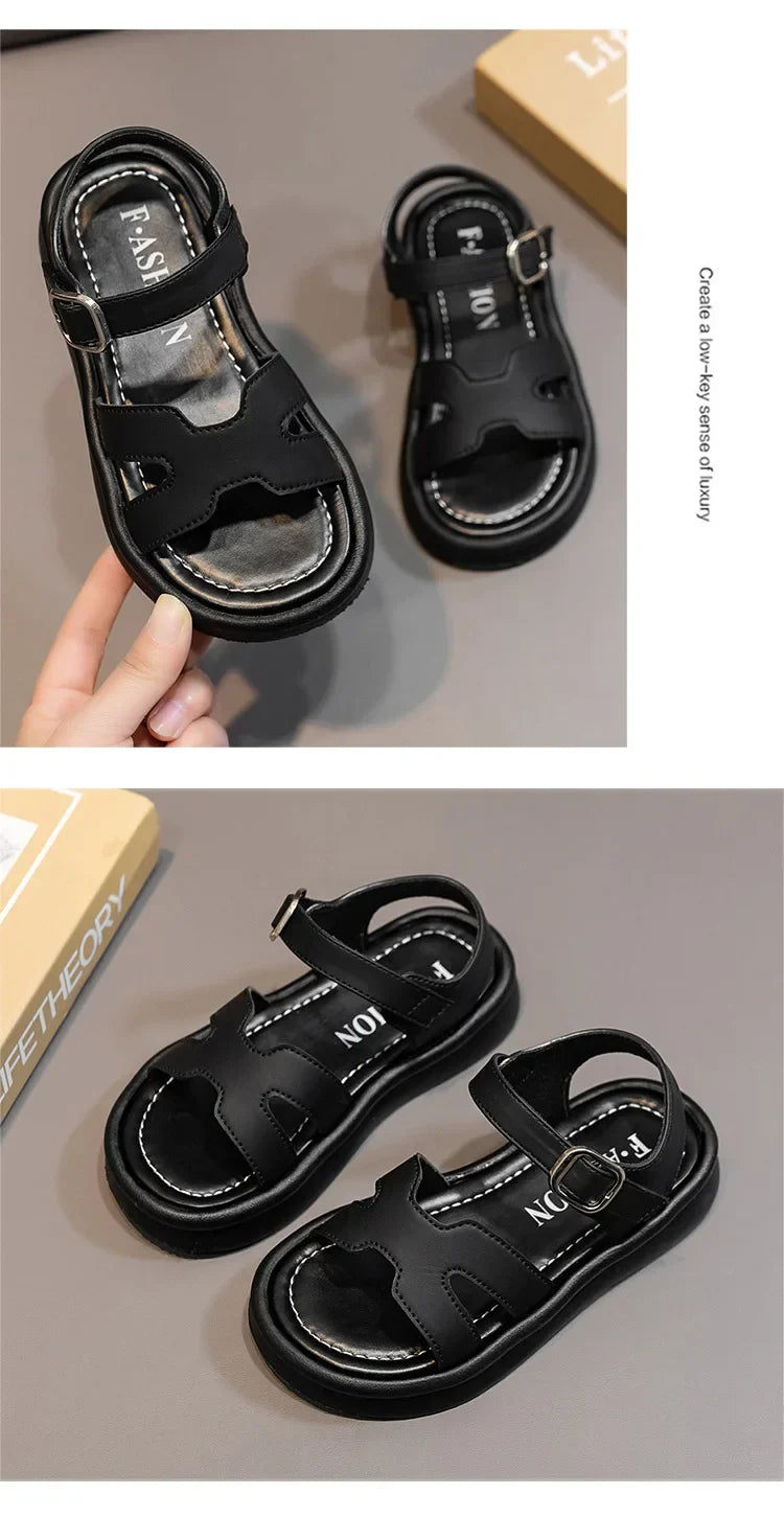 New Summer Girl Sandals Fashion Solid Color Children Causal Versatile Open-toe Beach Shoes Breathable Kids Thick Bottom Sandals
