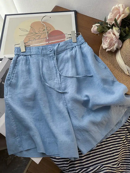 Japanese Simple Solid Color Pure Cotton Linen Casual Versatile Straight Elastic Waist Shorts Women's Middle Pants