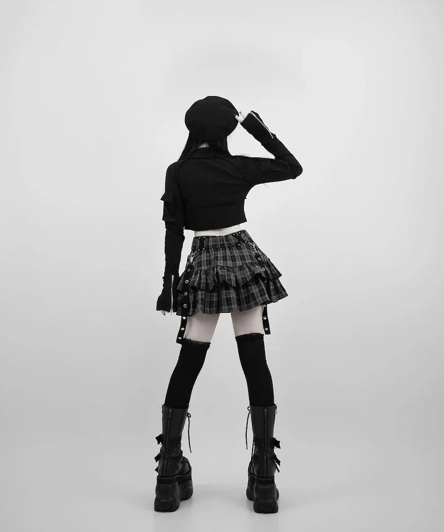 Japanese Style Mine Harajuku Punk Metal Buckle with Packet Decorative Ruffled Short Skirt Sweet Cool Girl Women's Plaid Skirt