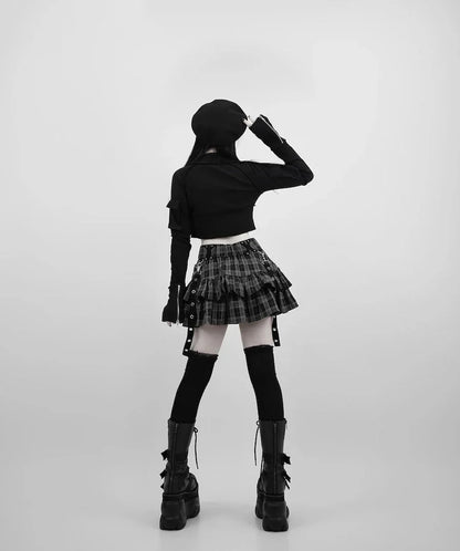Japanese Style Mine Harajuku Punk Metal Buckle with Packet Decorative Ruffled Short Skirt Sweet Cool Girl Women's Plaid Skirt