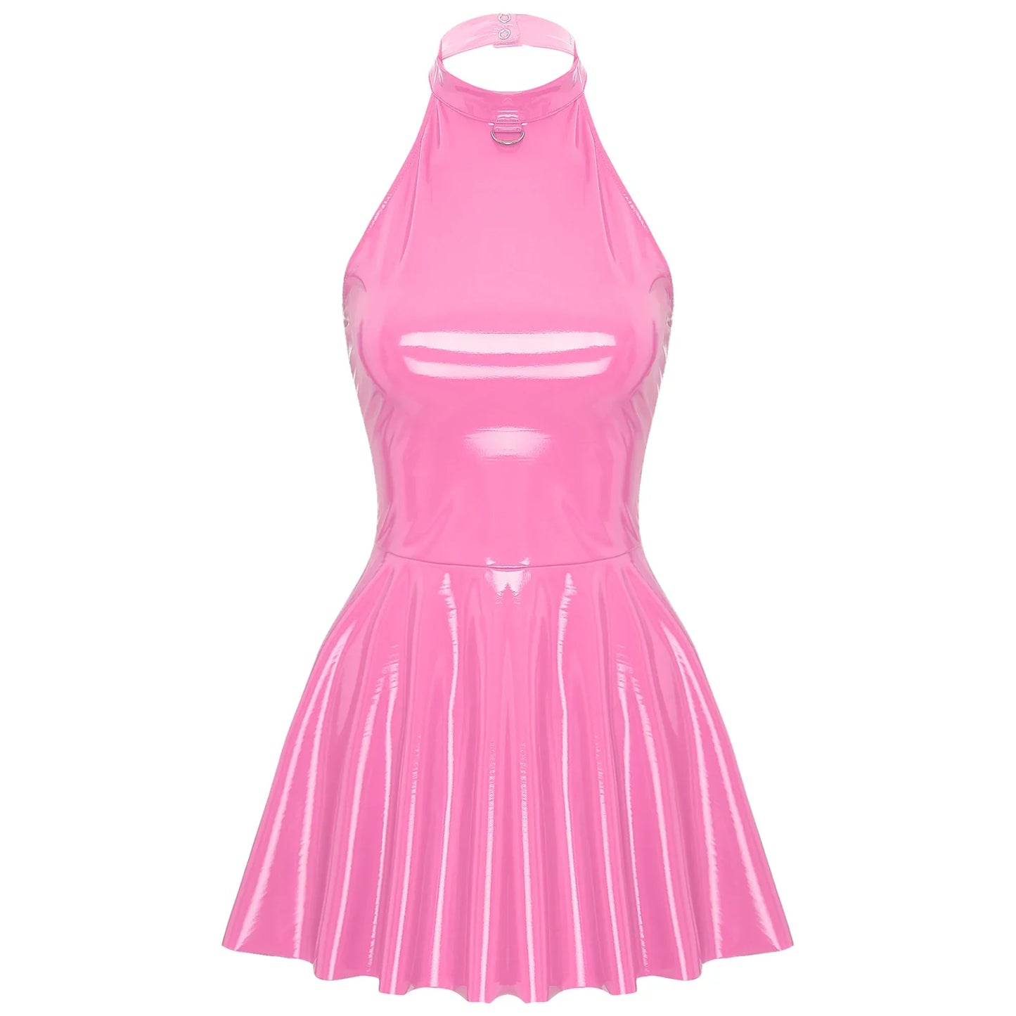 Glossy Patent Leather Glossy Mini A-Line Latex Dress for Womens Swing Skirt Skater Bodycon Mini Dress Rave Disco Party Clubwear