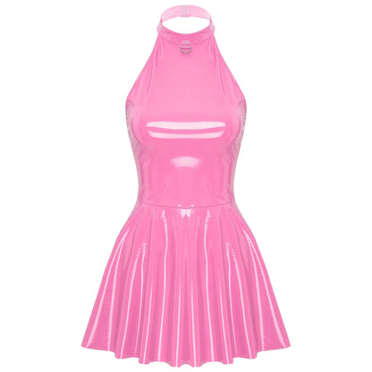 Glossy Patent Leather Glossy Mini A-Line Latex Dress for Womens Swing Skirt Skater Bodycon Mini Dress Rave Disco Party Clubwear