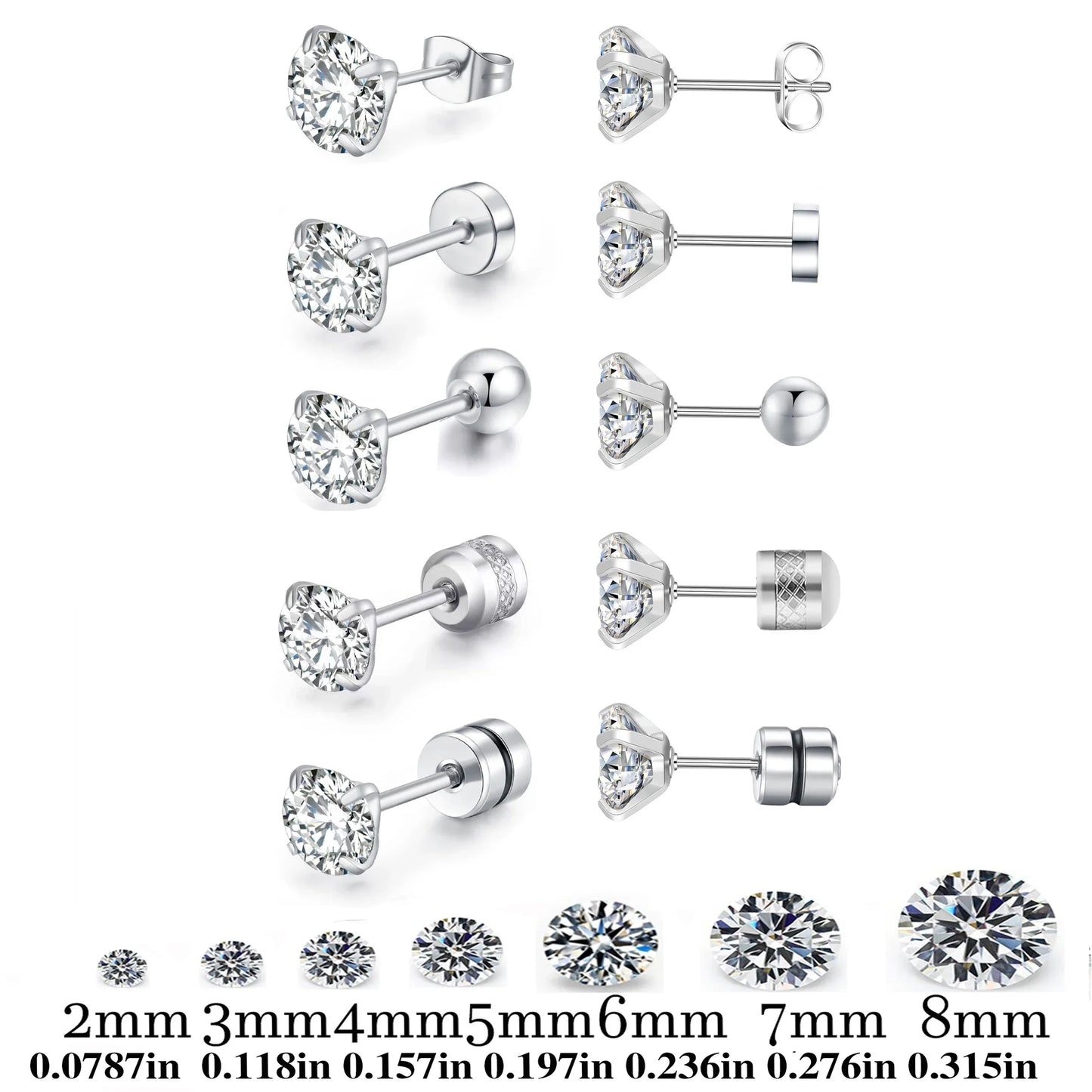 Stainless Steel 5 Style CZ Zircon Silver Color Earrings For Women Men Crystal Screw Titanium Alloy Ear Studs Round Beads Jewelry