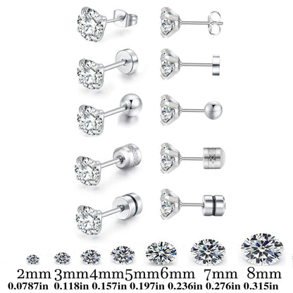 Stainless Steel 5 Style CZ Zircon Silver Color Earrings For Women Men Crystal Screw Titanium Alloy Ear Studs Round Beads Jewelry