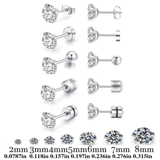 Stainless Steel 5 Style CZ Zircon Silver Color Earrings For Women Men Crystal Screw Titanium Alloy Ear Studs Round Beads Jewelry