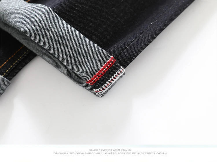 Men's Japanese Handmade Embroidered Cotton Jeans Straight Tube Slim Fit Hip-Hop Trousers Red Ear Detail Devil Big M Golden Text