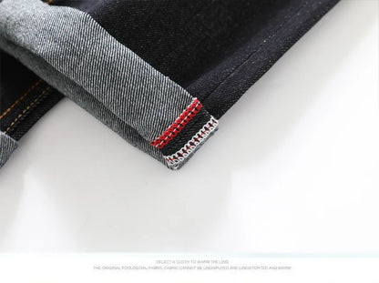 Men's Japanese Handmade Embroidered Cotton Jeans Straight Tube Slim Fit Hip-Hop Trousers Red Ear Detail Devil Big M Golden Text
