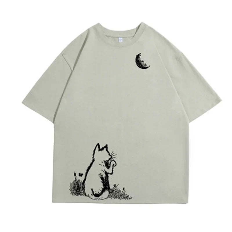 Men's T-shirts Oversized White Big Size 5XL Cotton T Shirt for Men Casual Summer Wear Cat Moon Print Tee Shirts Men Clothing