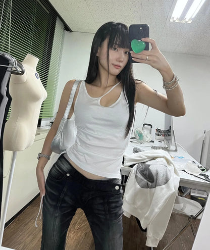 Vintage Distressed Low Waist Jeans Grunge Asymmetrical Waist Denim Pant Korean Fashion Black Flare Jeans Kpop Streetwear
