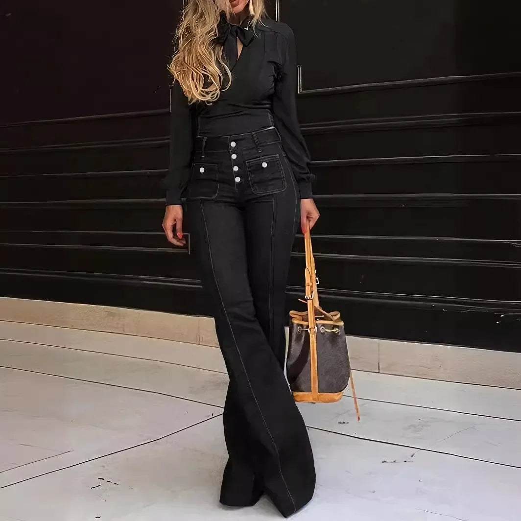 Slim Fit American Retro Patchwork Denim Jeans Women's Spring Summer New Style Elastic Flared Pants Casual Female Wear