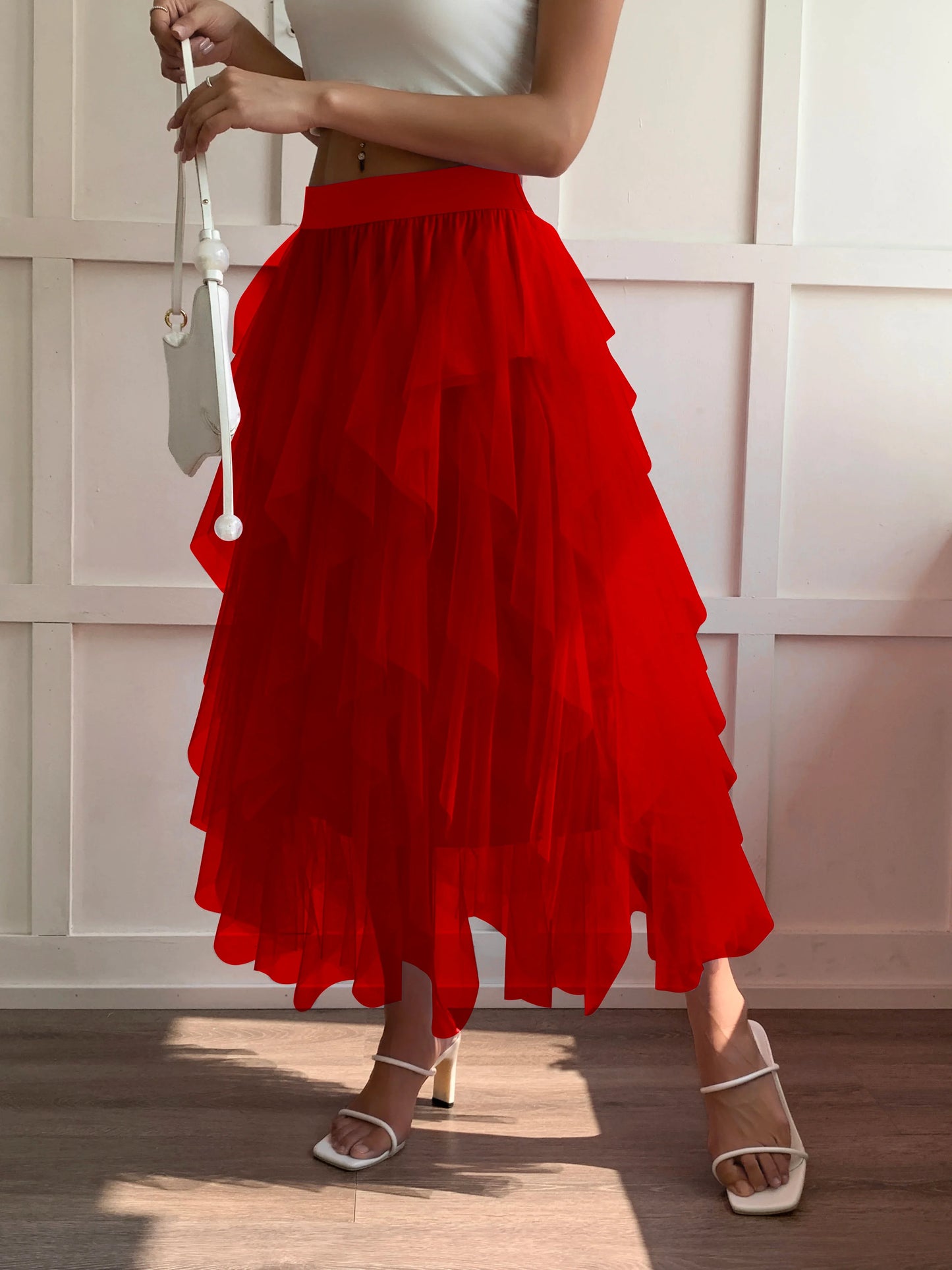 Medium waist chiffon long skirt for women, irregular layered pleated edge layered cake skirt, elegant fairy A-line skirt